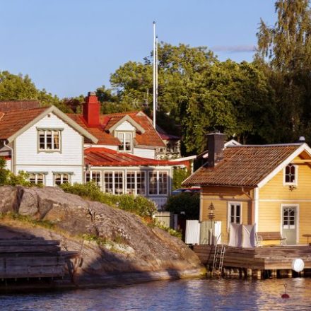 Coastal houses in a scenic landscape with trees and rocks by the water.